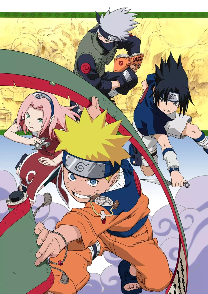 A blond ninja in orange reaches forward, with three teammates arranged behind him.