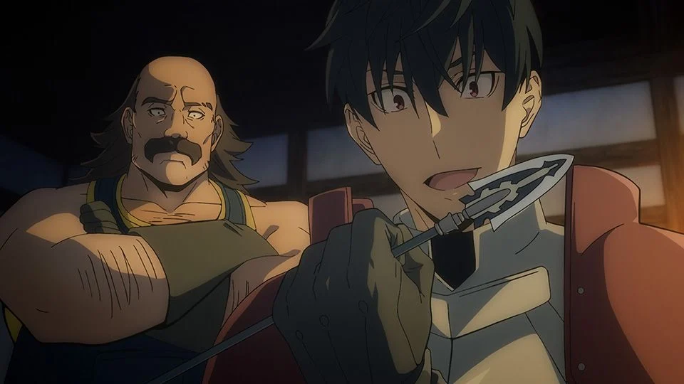 Grid studies a blade held close to his face in the anime's crafting scene.