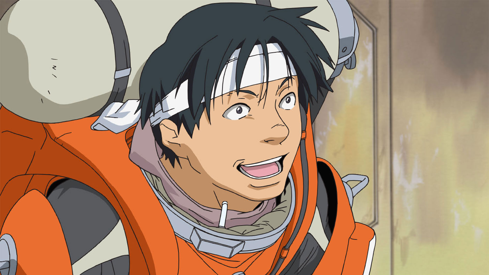 Hachimaki in an orange spacesuit with his white headband.