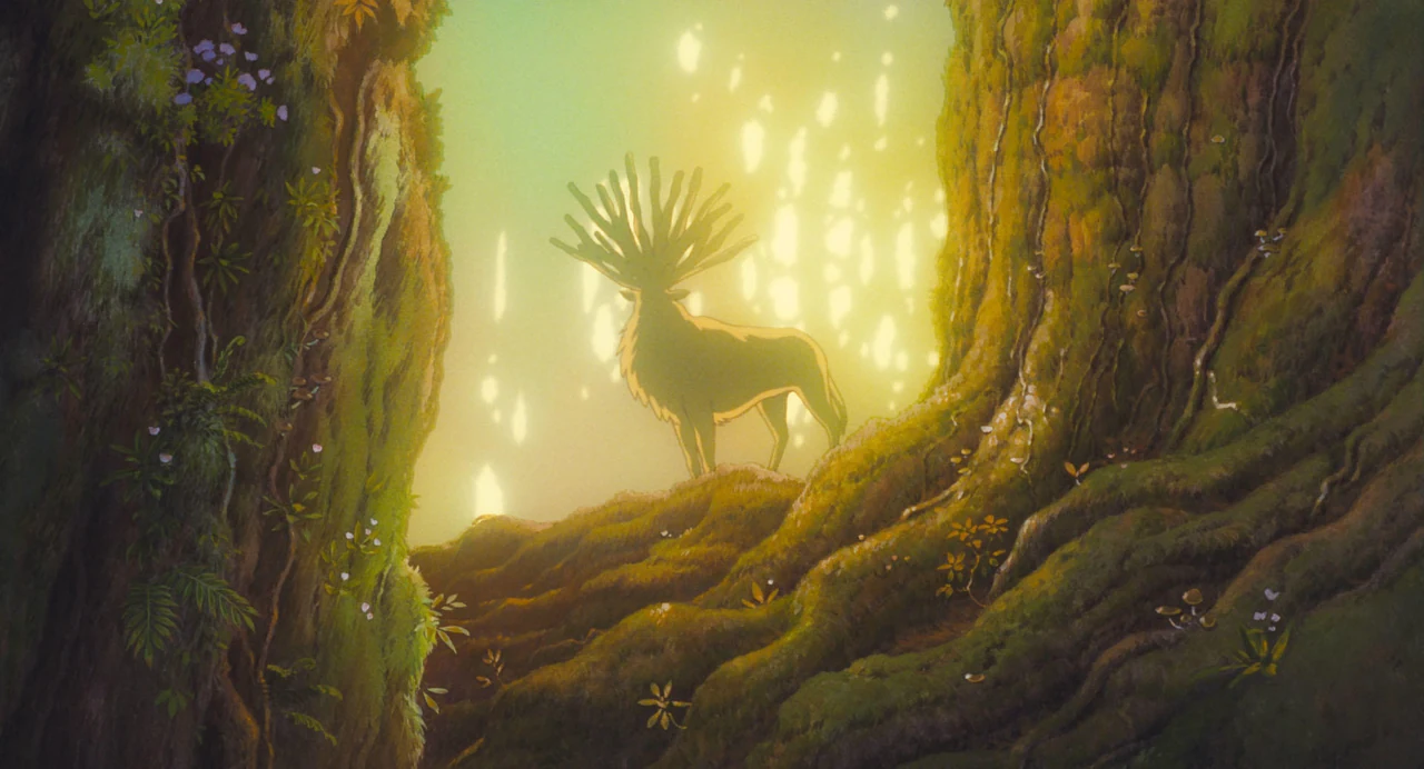 The antlered Forest Spirit stands in a glowing opening between forest trees.