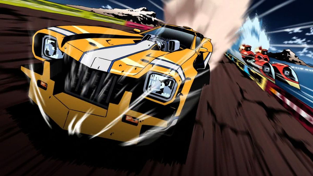 The front of JP's yellow racing car surges down the Yellowline track.