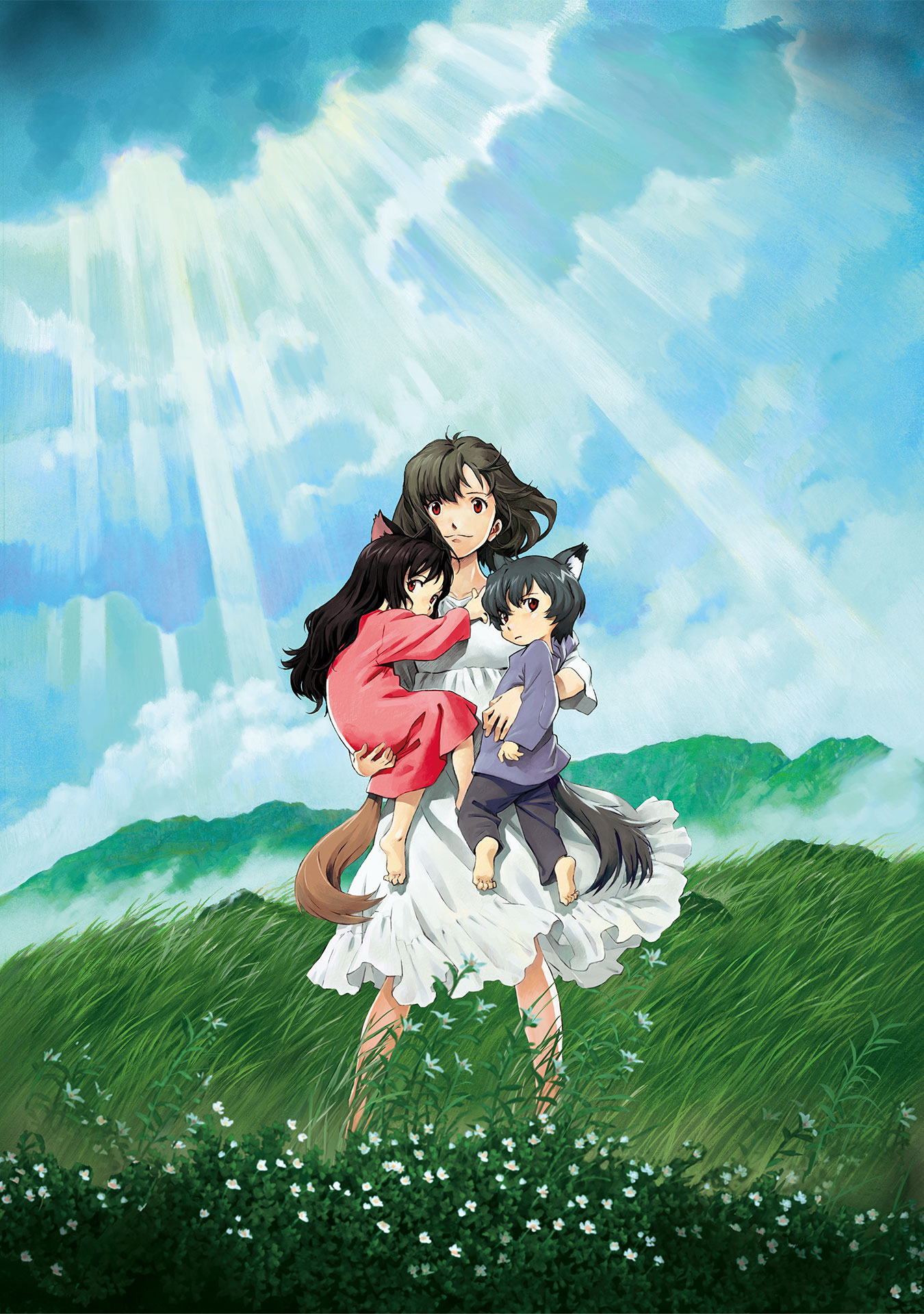 Hana holds Yuki and Ame in a sunlit field.