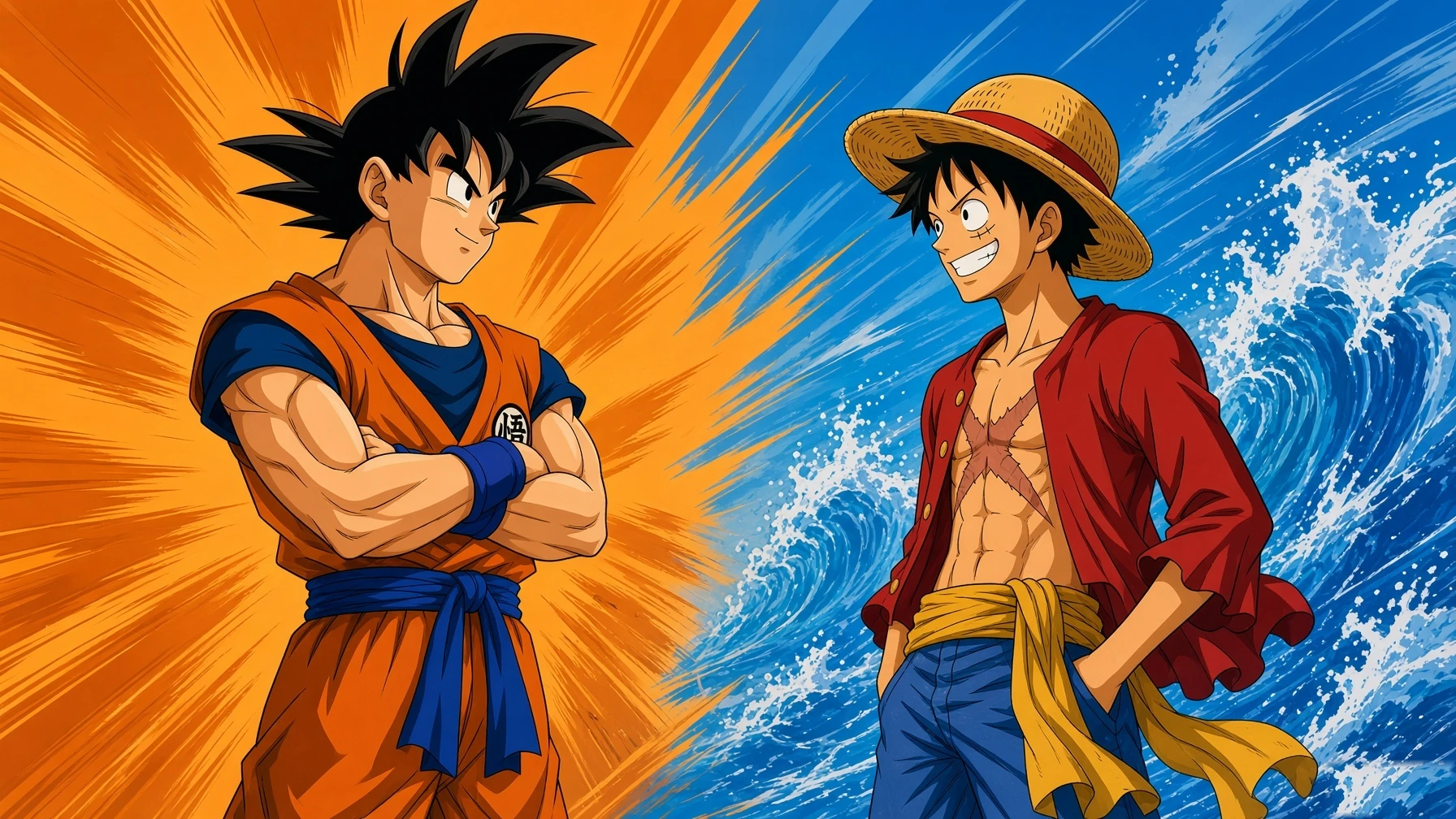 Goku stands with folded arms opposite a grinning Luffy, against orange energy lines and blue waves.