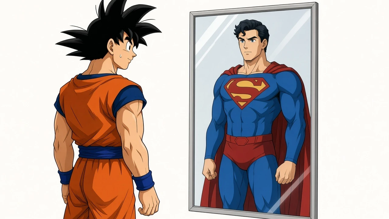 Goku looks into a mirror and sees Superman looking back.