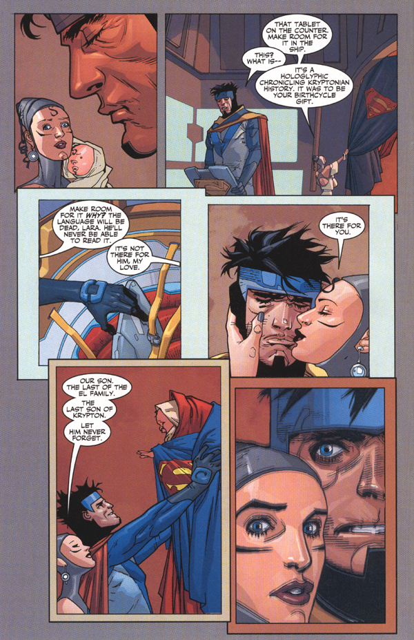 Jor-El and Lara look towards their child in the final panel of a spacecraft departure preparation sequence.