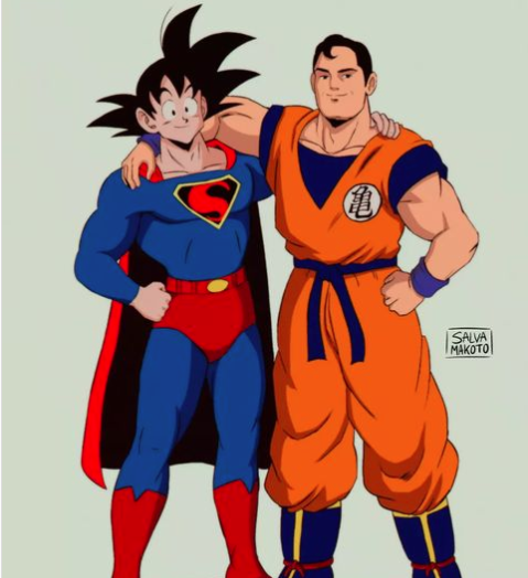 Goku wears Superman’s blue suit and red cape while Superman wears Goku’s orange gi; they stand together with arms around each other.