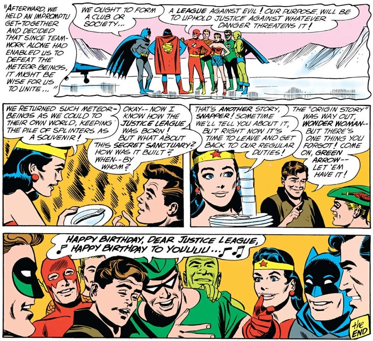Batman, Superman and the other founding heroes discuss forming a league.