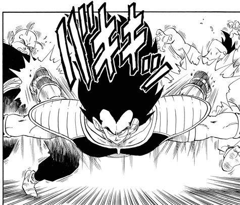 Raditz strikes Goku and Piccolo during their fight.