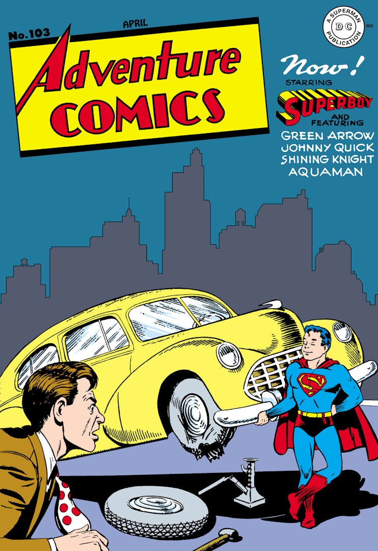 Superboy holds up a car while a man changes its wheel.