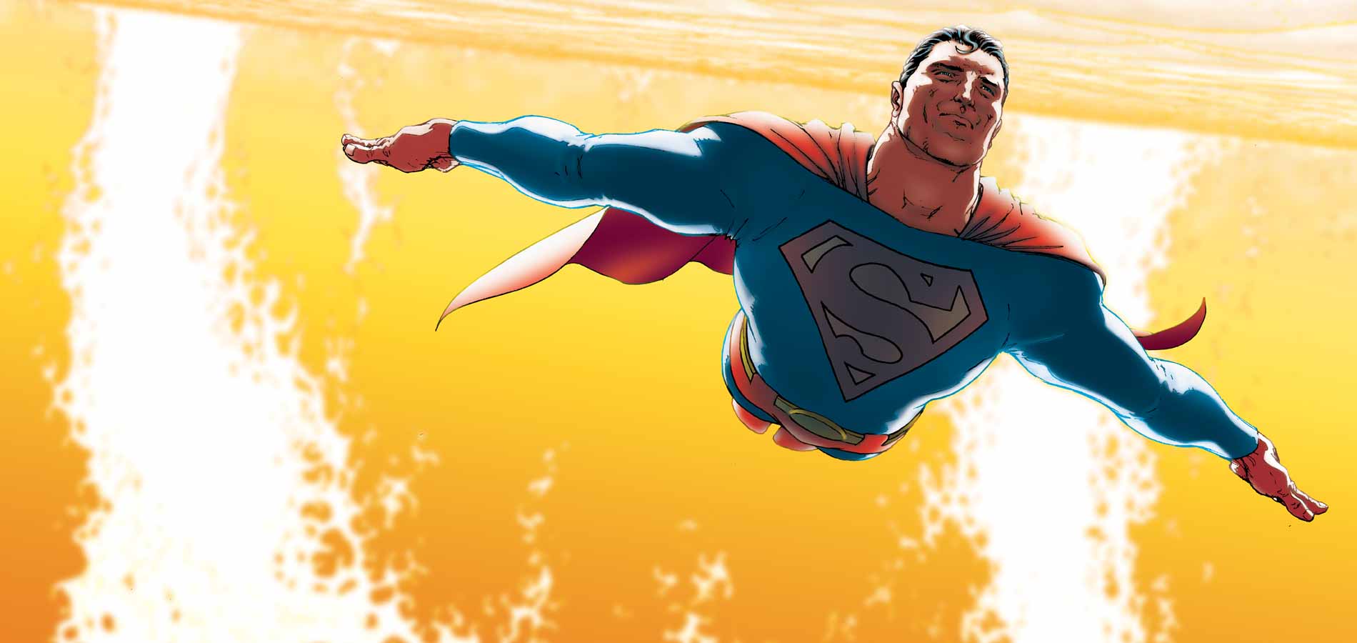 Superman flies with his arms spread against a bright sky.
