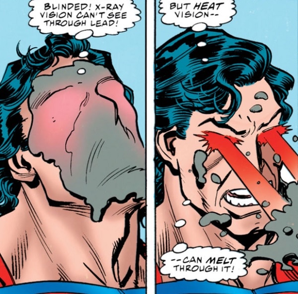 Superman uses heat vision to burn through a lead obstruction.