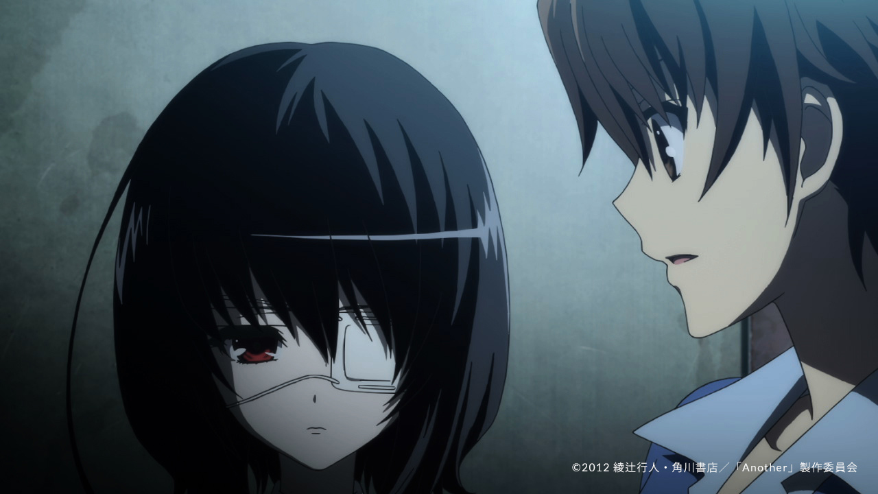 Mei Misaki, wearing an eyepatch, faces Kouichi beside a pale wall.