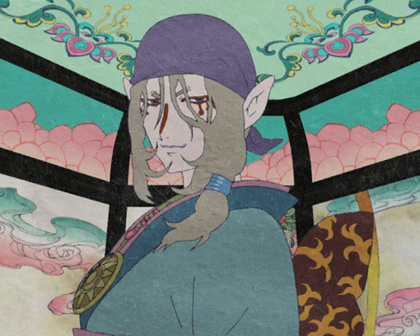 The Medicine Seller turns towards the viewer in a room filled with floral patterns.
