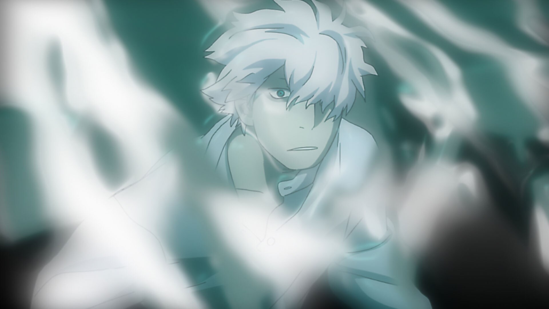 Ginko looks ahead through a pale green glow, his white hair bright against a dark background.