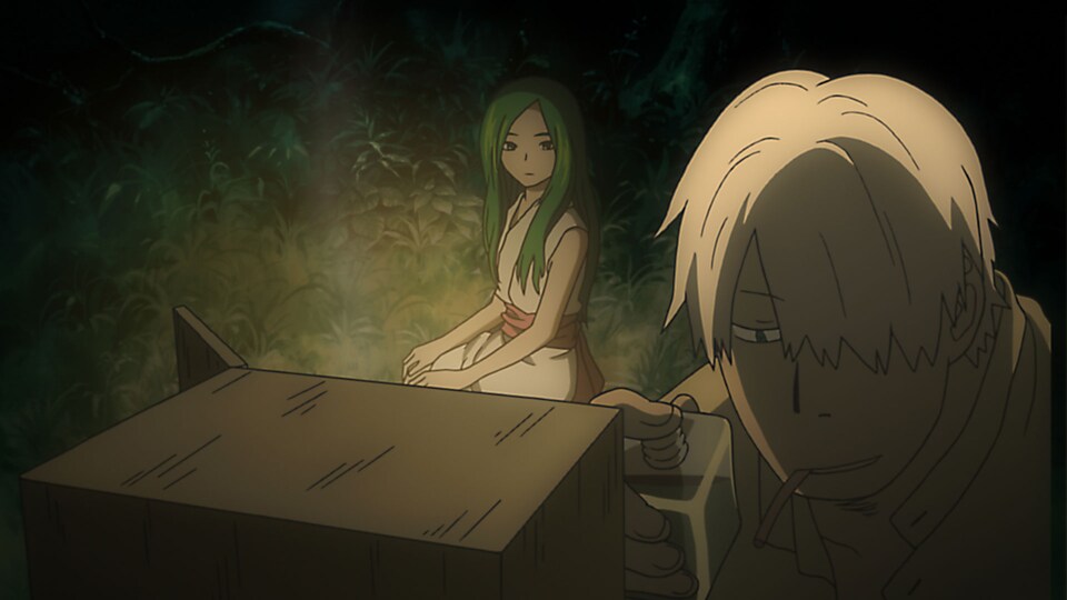 Ginko grips the handle of a wooden box in a dark forest, with a green-haired young woman sitting behind him.