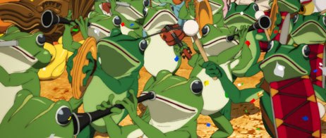 A dense marching band of green frogs plays brass instruments beside a large red drum.