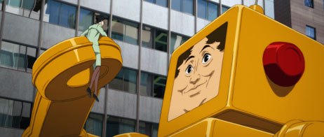 A small figure climbs beside the open lid of a gigantic yellow toy robot in a city street.