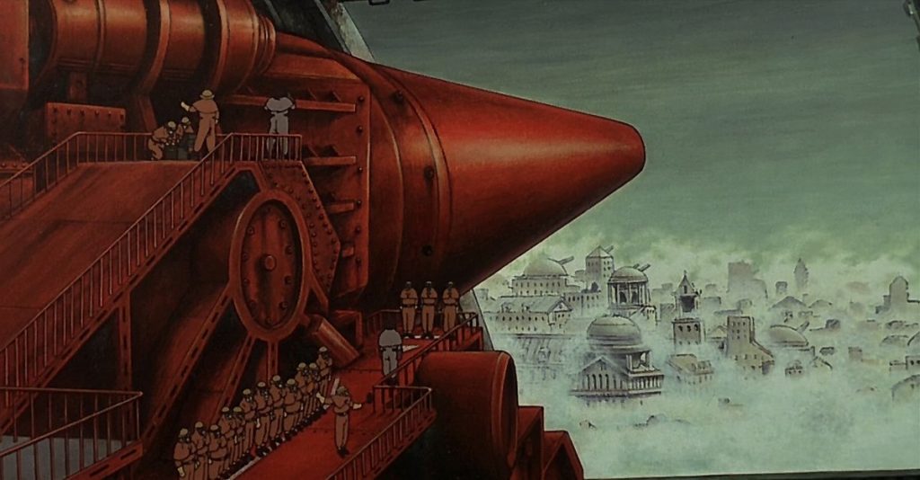 Workers move across the structure of a colossal red cannon above a densely built industrial city.