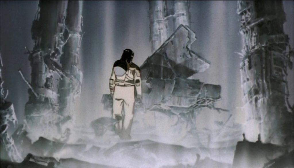 A space-suited figure approaches a grand piano amid mist and tall ruined walls.