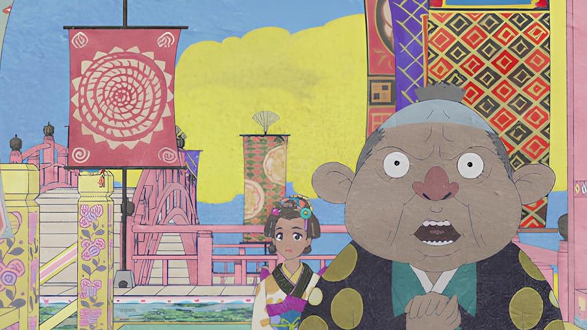 An older passenger and a younger traveller stand among patterned banners and pink ship railings.