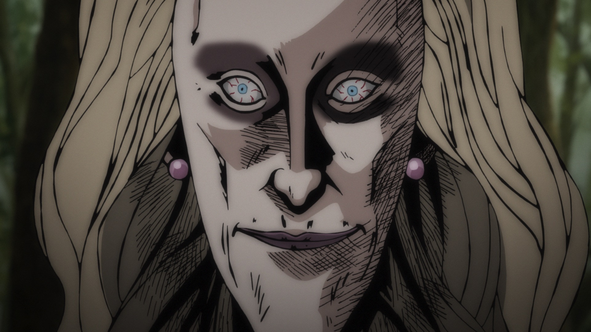 A pale-haired woman looks forward with blue eyes, dark eye sockets and dense hatching across her face.