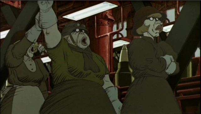 Three workers in dark industrial uniforms stand together beneath pipes and a fluorescent light, one with an arm raised.