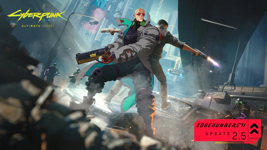 An animated Edgerunners character and a game character stand back to back in a city firefight, beside Cyberpunk 2077 and Edgerunners II Update 2.5 branding.