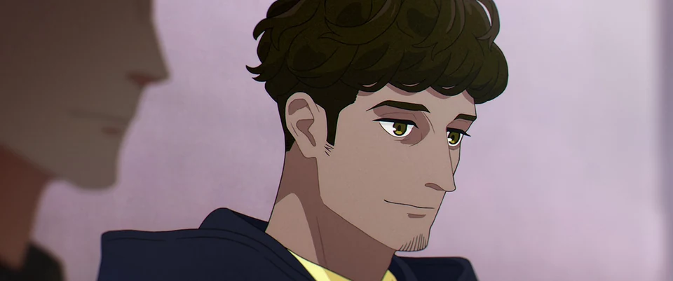Karate, a curly-haired man in a dark jacket, looks sideways past another figure.