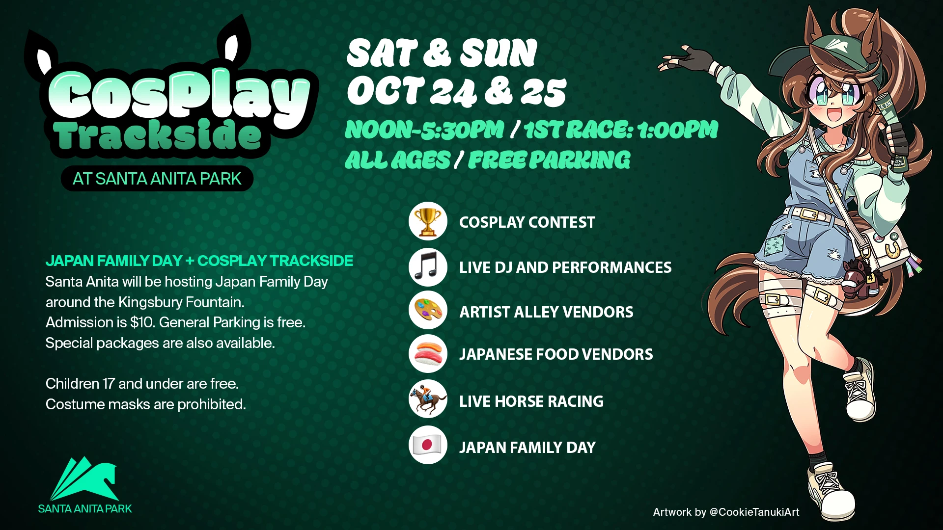 A green Cosplay Trackside poster places the event title and 24–25 October details on the left and centre, with a horse-girl character on the right.