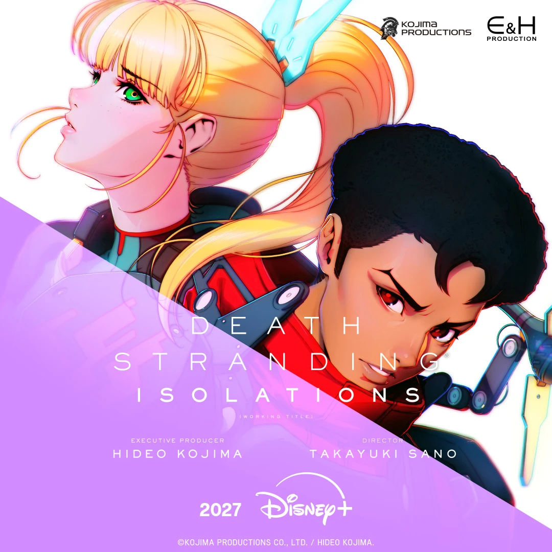 A blonde woman in profile and a dark-haired man appear above the Death Stranding Isolations title.