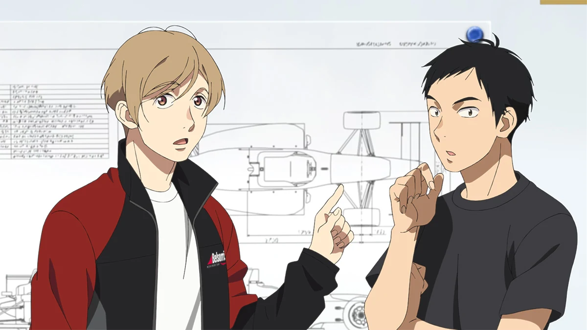 Satsuki and Toshiki stand in front of a technical drawing of a racing car.