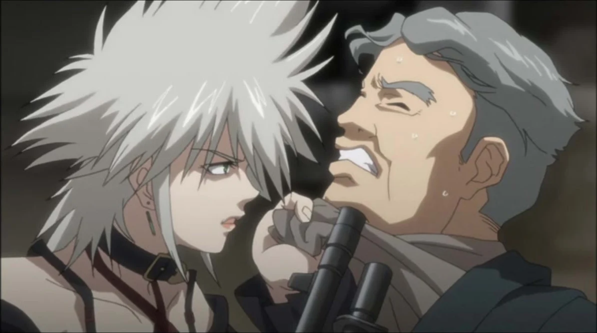 A spiky white-haired figure holds a weapon close to a grey-haired man’s neck.
