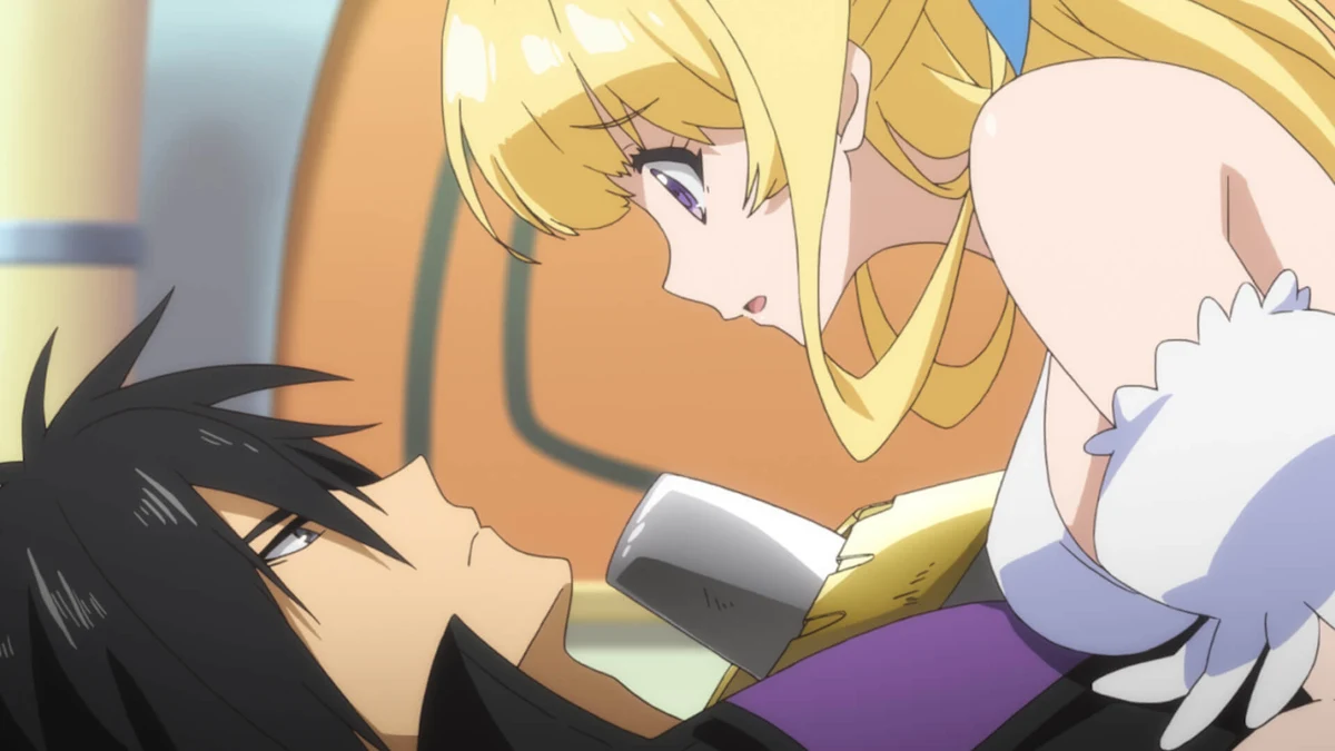 Ristarte leans over an armoured Seiya, who looks up at her with a guarded expression.