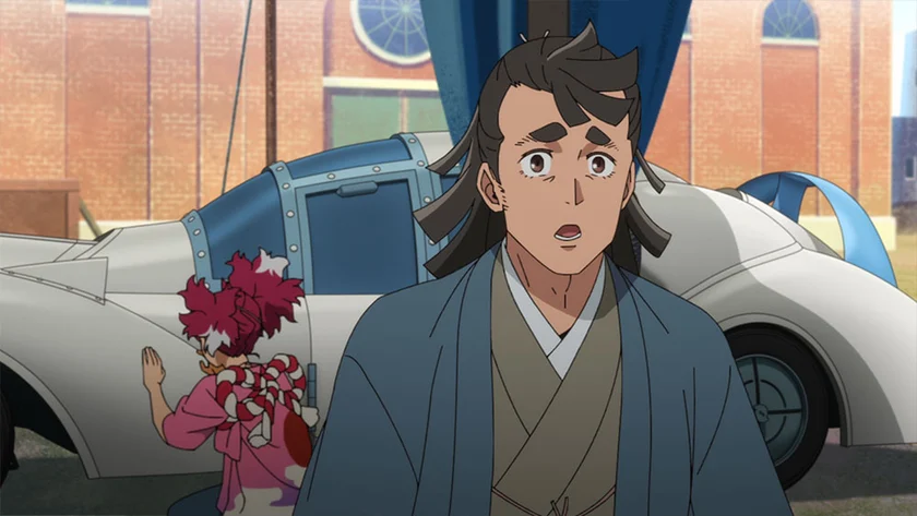 Kosame looks startled in front of a white car while Appare examines something behind him.