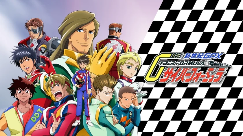 Hayato and the original Cyber Formula cast appear beside the series logo and a chequered-flag pattern.