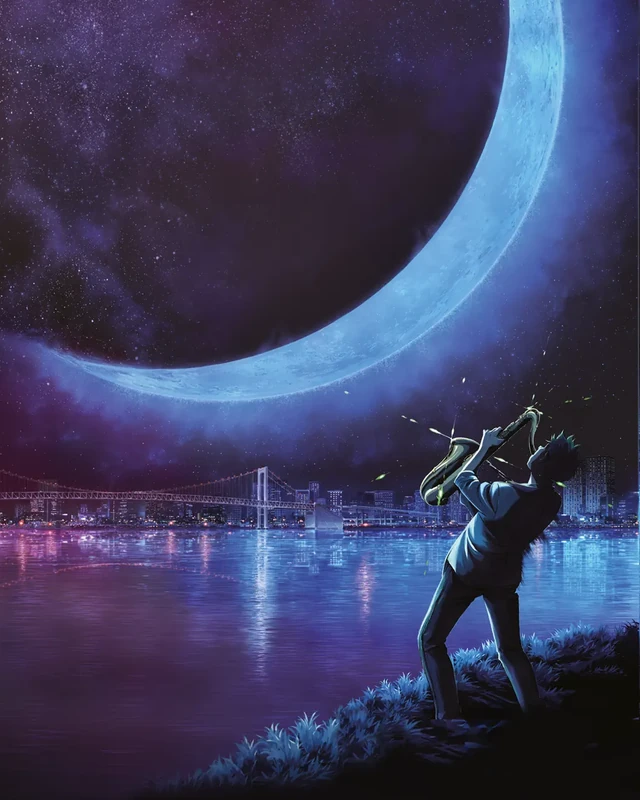A saxophonist plays beside blue water under a large crescent moon, with a city and bridge beyond him.