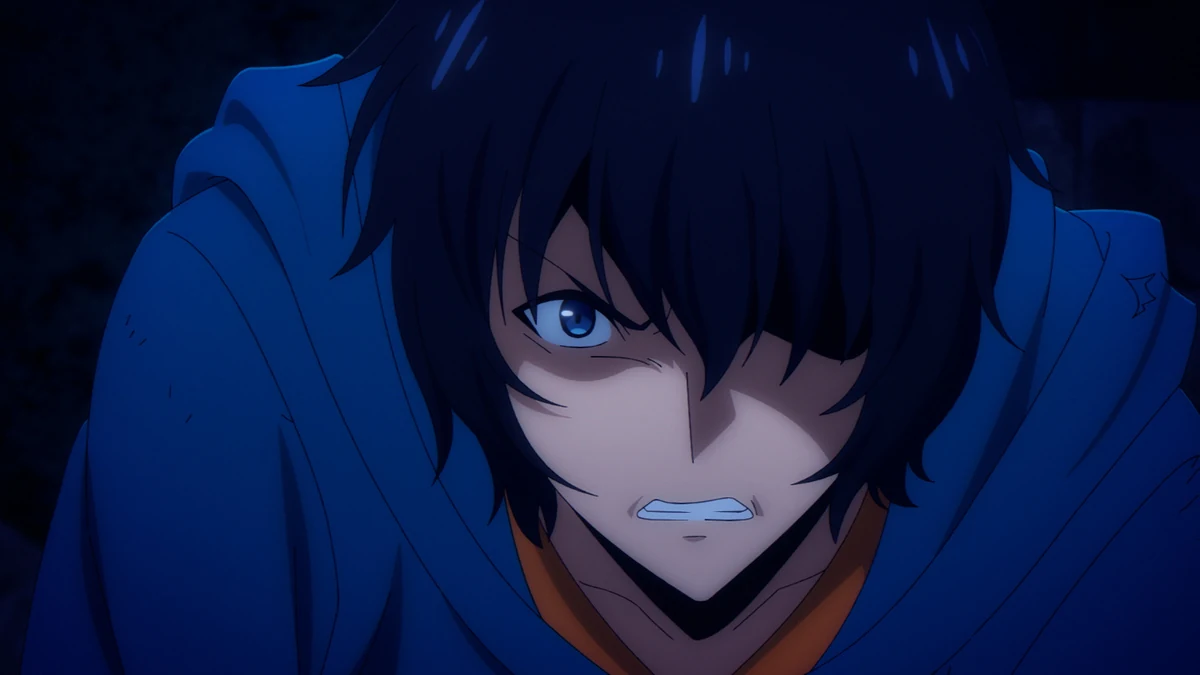 Sung Jinwoo leans forward with clenched teeth, his face framed by dark hair and a blue hooded jacket.