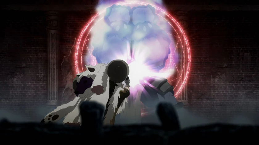 A bear-like monster stands before a glowing ring in a stone dungeon, behind a blurred firearm.