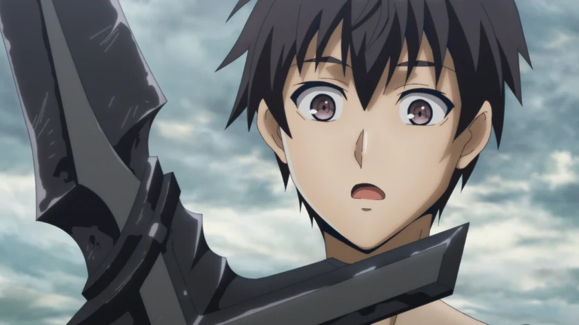 Fate looks at a large black sword against a cloudy sky.