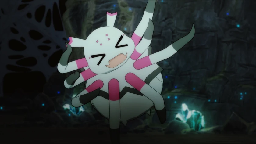 The white-and-pink spider protagonist lifts her legs in a dark, crystal-lit cavern.