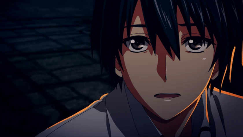 Touka looks upward, his black hair falling across his face against dark stonework.