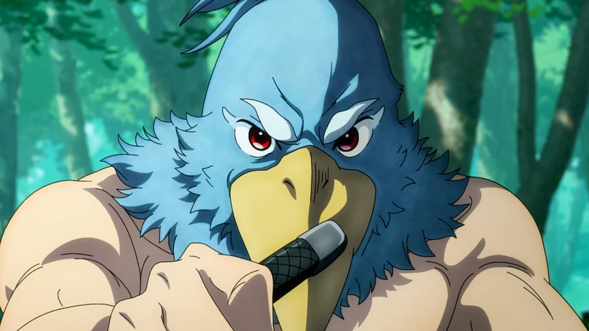 Sunraku grips a weapon before his blue bird mask, surrounded by green trees.