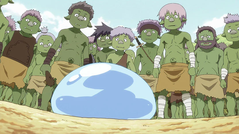 The blue slime Rimuru sits in front of a group of green-skinned goblins.