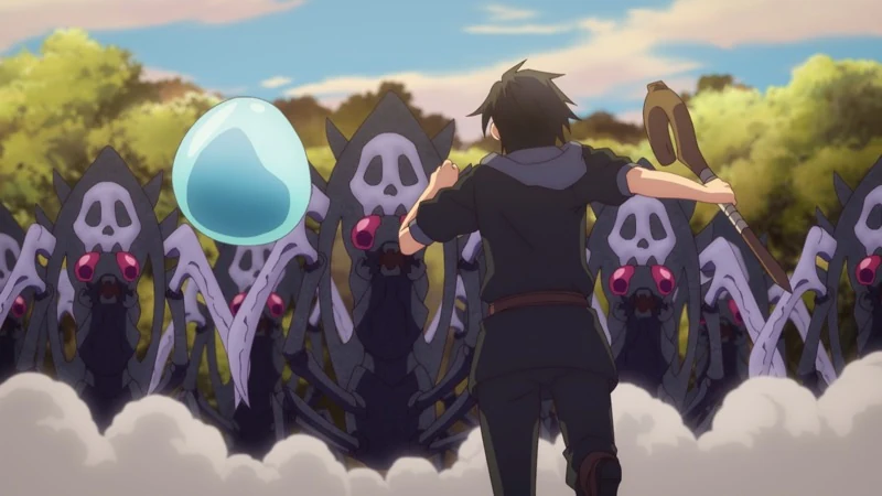 Kelvin and the blue slime Clotho face a group of purple insect-like monsters.