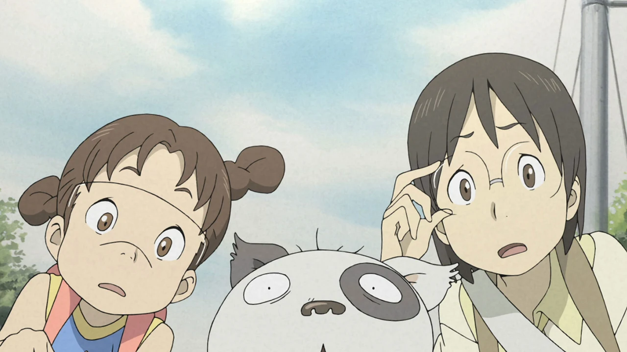 Kyoko, Densuke and Yasako look down together as Yasako lifts her glasses.