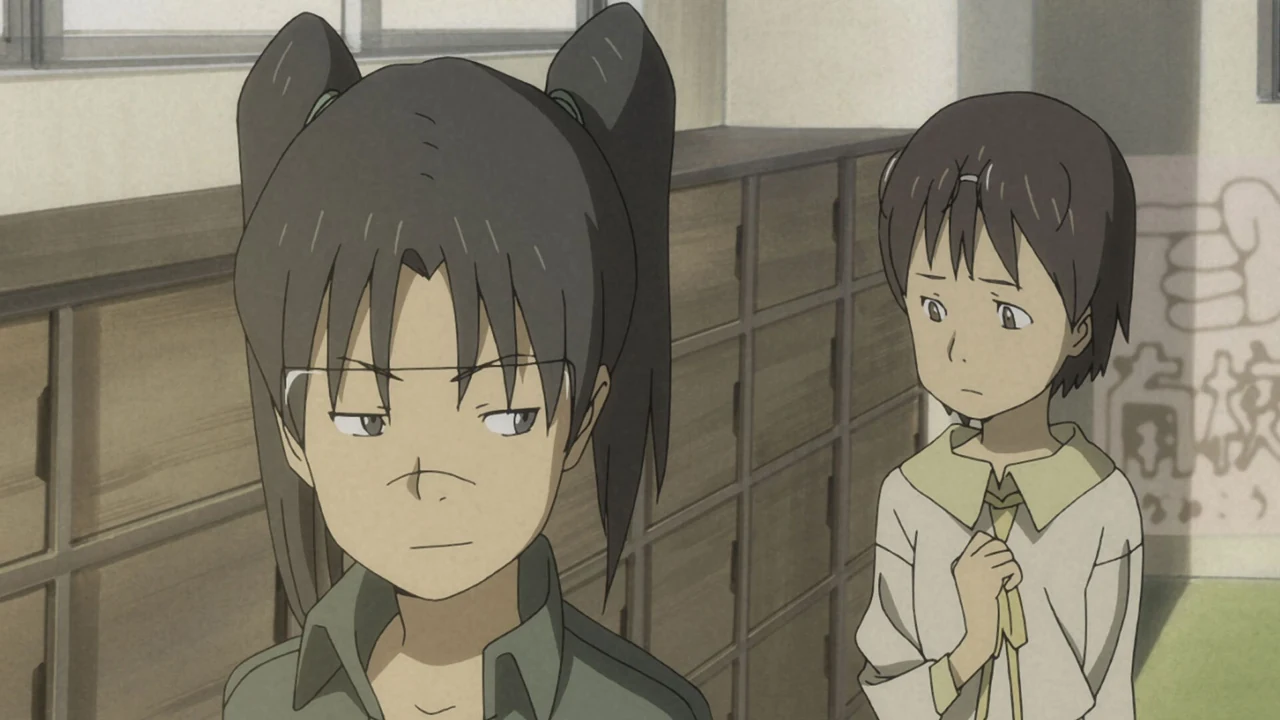 Isako looks ahead with a guarded expression while Yasako stands behind her in a school corridor.