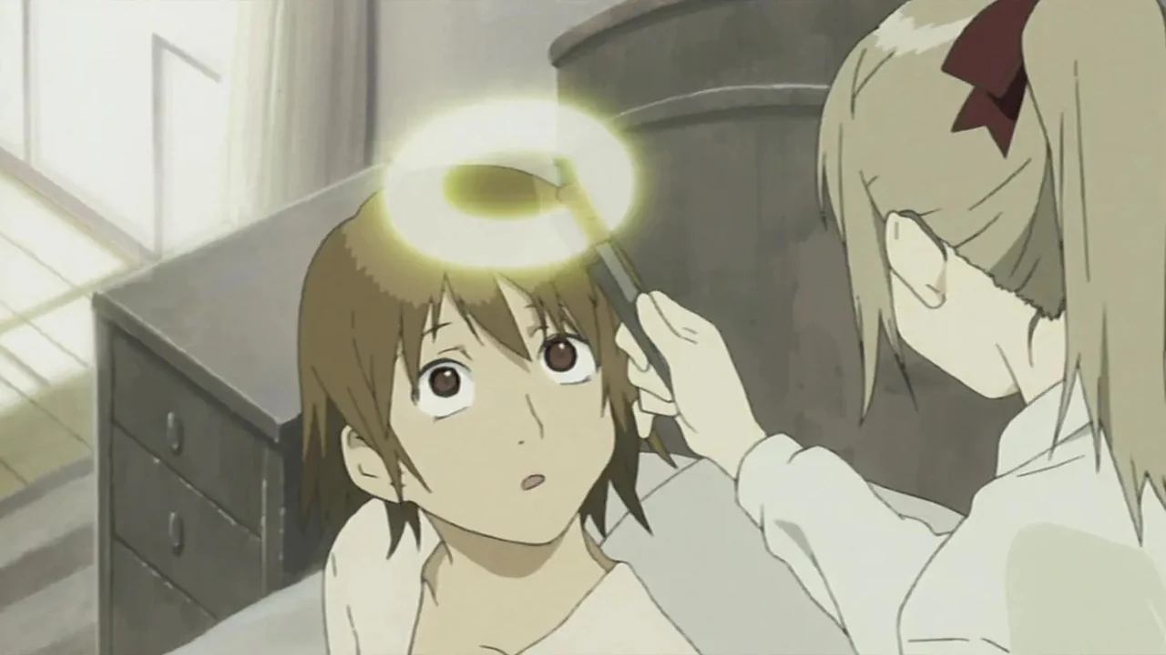 Hikari adjusts a glowing halo above Rakka’s head inside Old Home.