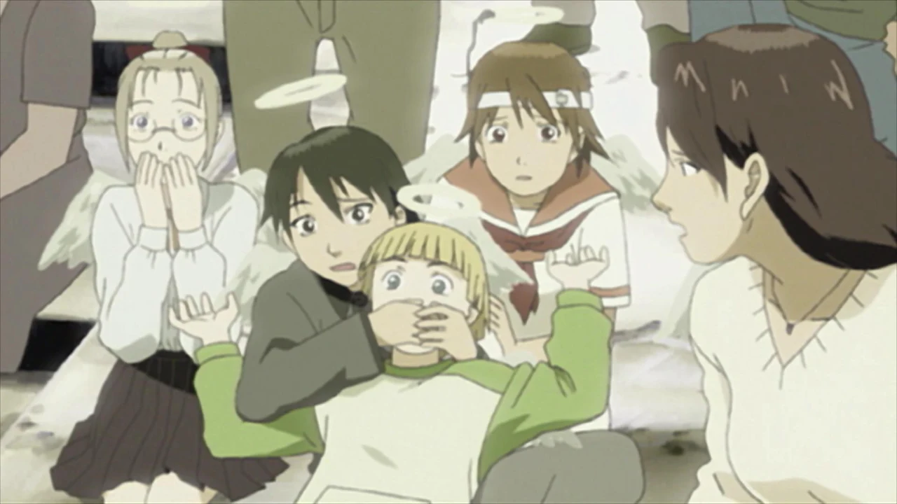 The Haibane gather around Rakka, with Kana holding a hand over the younger Kuu's mouth.