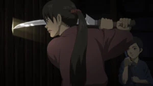 Balsa holds a spear behind her shoulders while Chagum watches inside the bladesmith's workshop.
