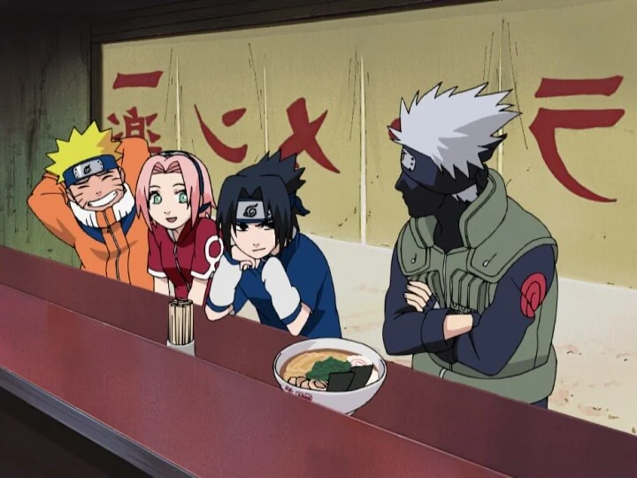 Naruto, Sakura and Sasuke watch the masked Kakashi at a ramen counter.